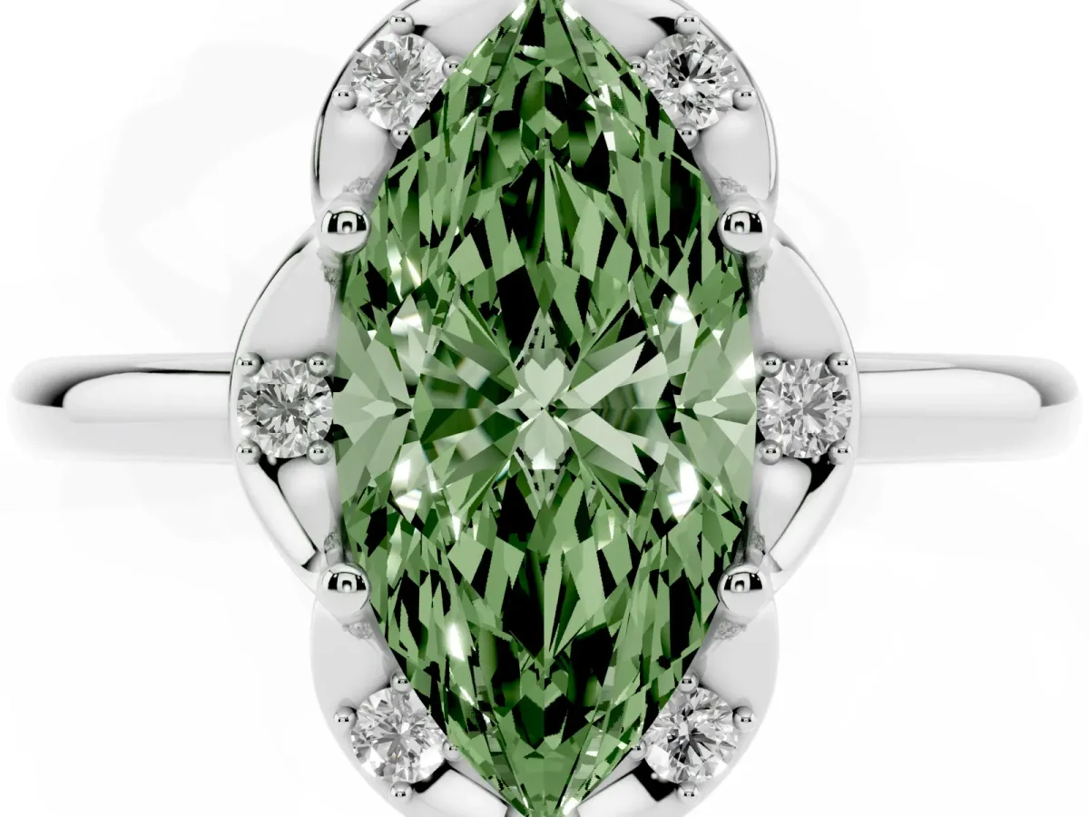 Fancy Green Marquise Cut Halo Diamond Ring with Round Cluster Setting, Solitaire Band, and Four-Prong Setting Silver