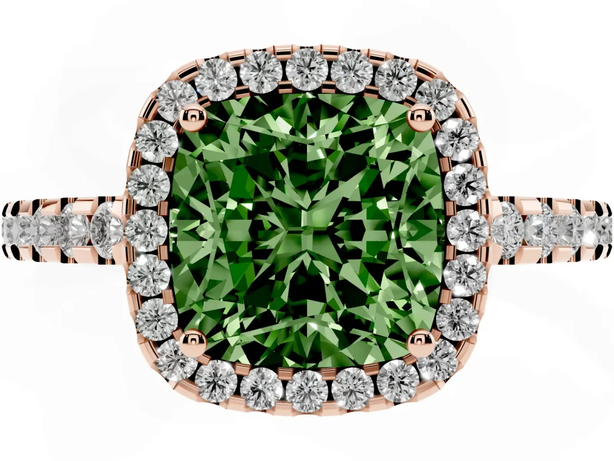 Fancy Green Cushion Cut Diamond Halo Engagement Ring with Pavé Band and Prong Setting Rose gold