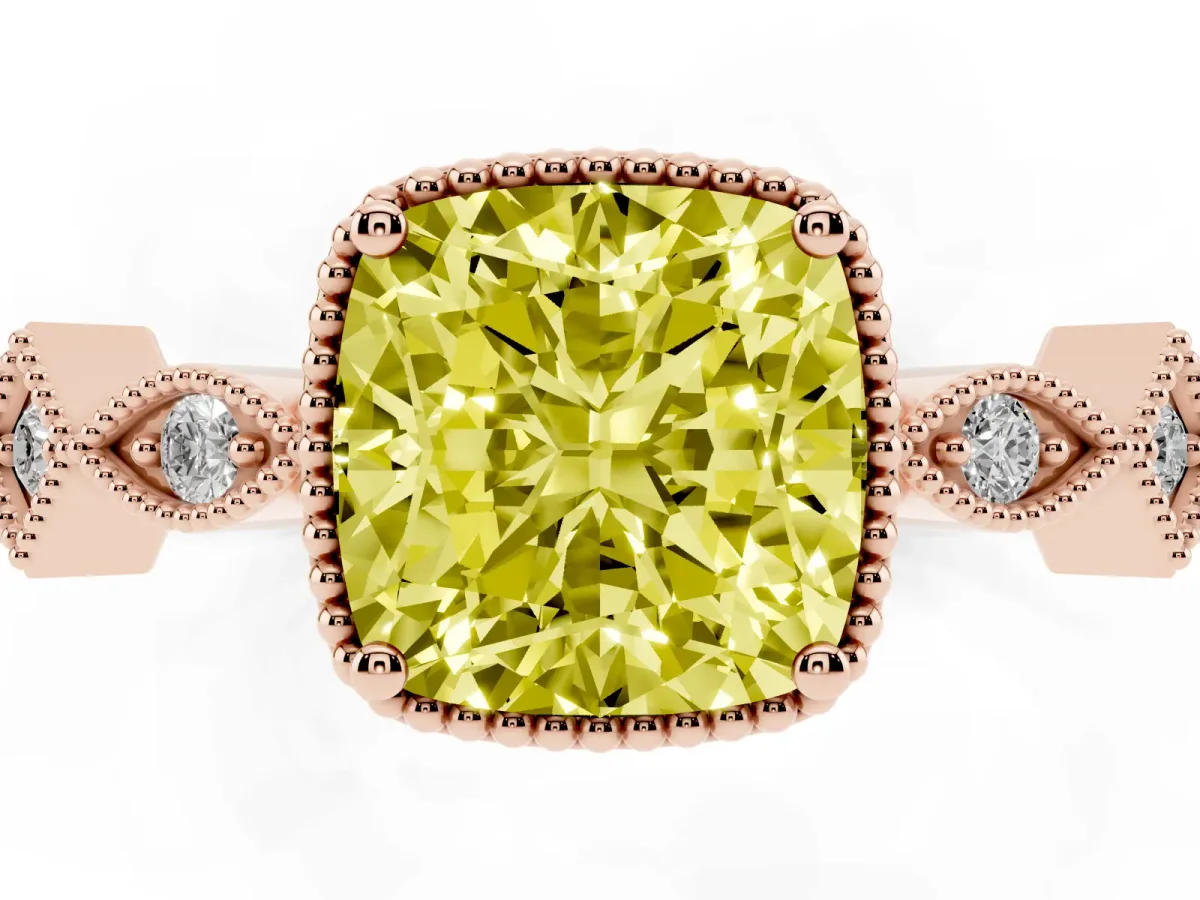 Fancy Yellow Cushion Cut Milgrain Marquise Diamond Twist Band Ring Rose gold