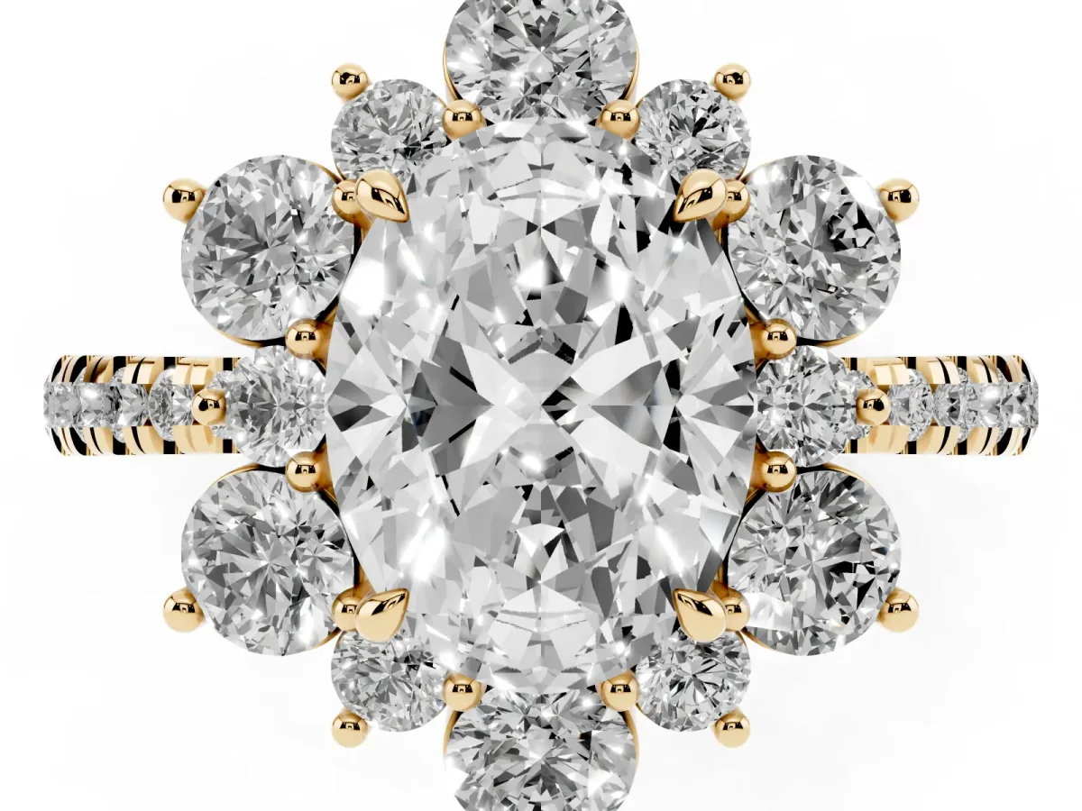 Oval Cut Diamond Floral Halo Ring with Round Pavé Band and Prong Setting Yellow gold