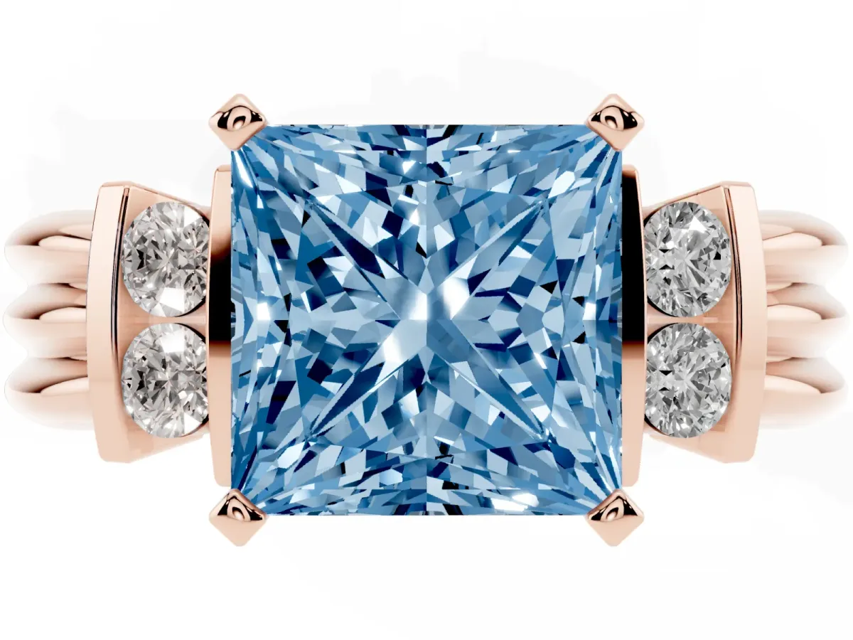 Fancy Blue Princess Cut Cut Three-Stone Channel Set Ring with Bar Prongs Rose gold