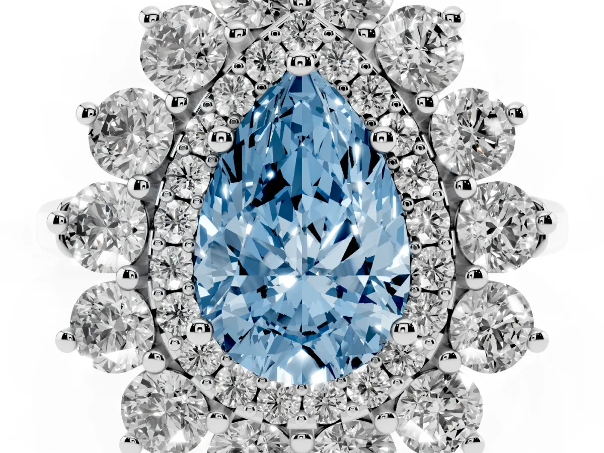 Fancy Blue Pear Cut Diamond Floral Double Halo Engagement Ring with Prong Setting Silver