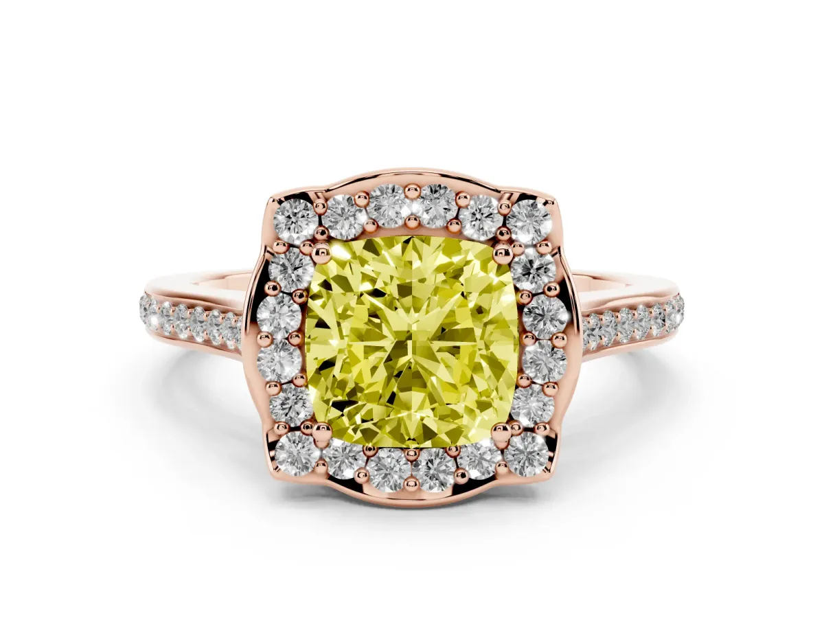 Fancy Yellow Cushion Cut Halo Round Diamond Pave Band with Four-Prong Setting Rose gold