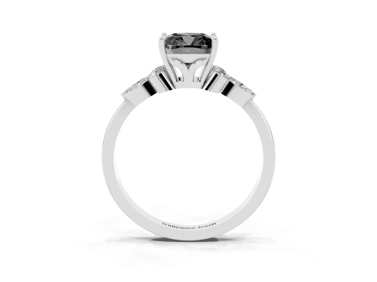 Fancy Black Cushion Cut Brilliant Diamond Solitaire Ring with Pear Side Stones and Four-Prong Setting White gold