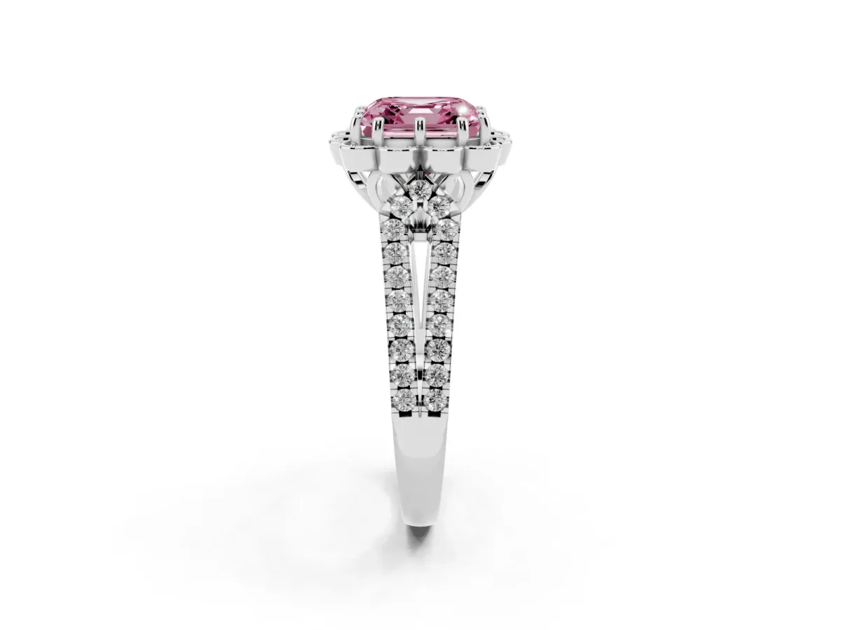 Fancy Pink Asscher Cut Halo Diamond Floral Split Shank Engagement Ring Silver