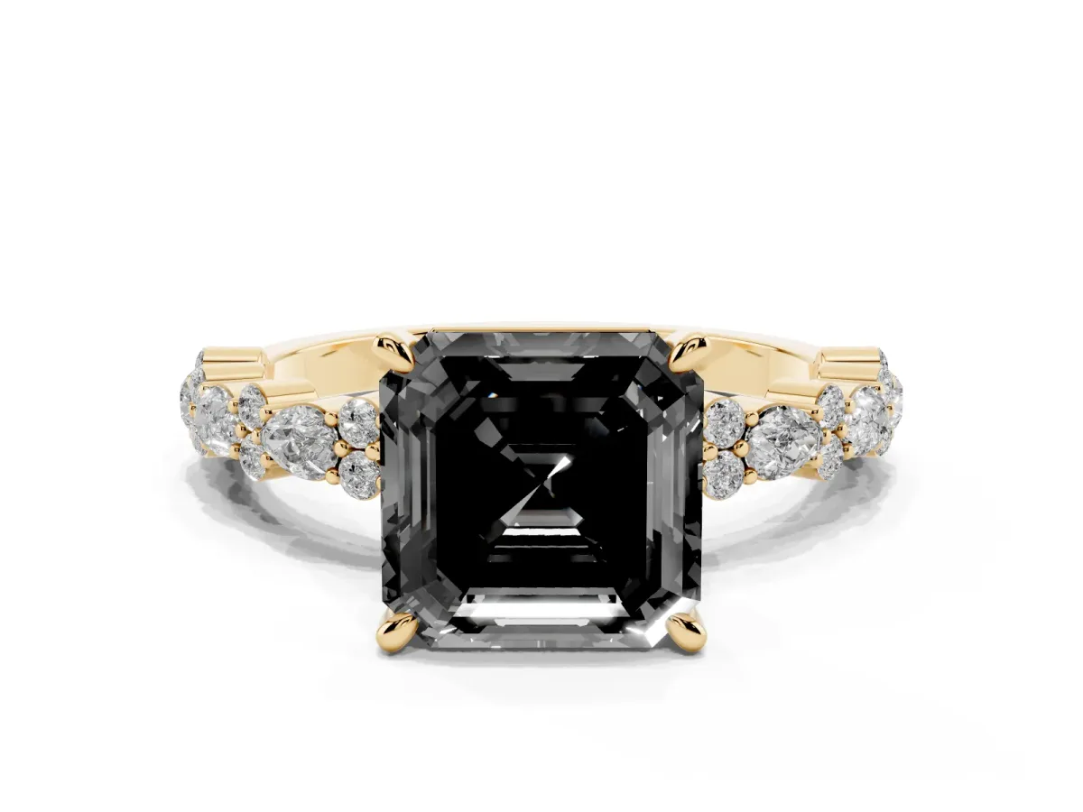 Fancy Black Asscher Cut Diamond Side Stone Solitaire Ring with Round and Four-Prong Setting Yellow gold