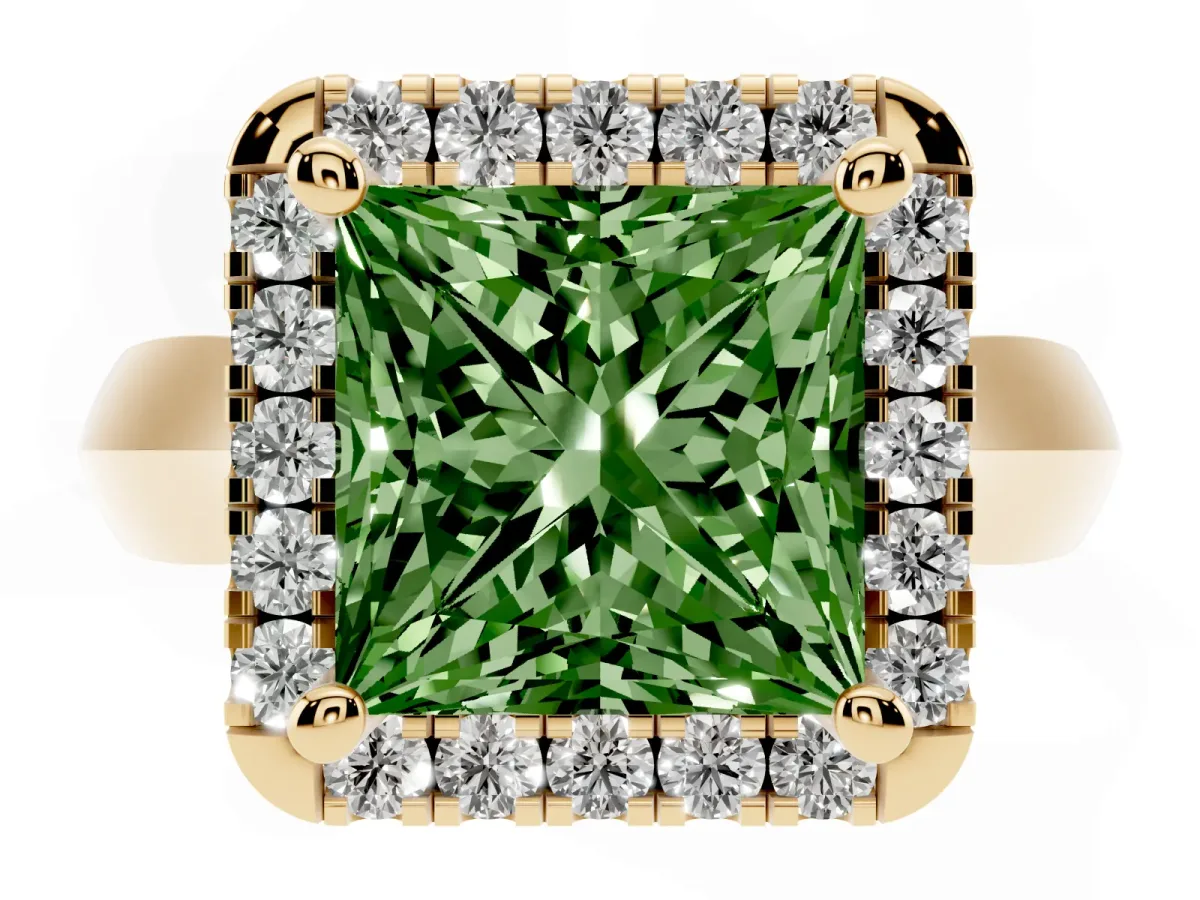 Fancy Green Princess Cut Cut Halo Solitaire Engagement Ring with Square Band and Four-Prong Setting Yellow gold