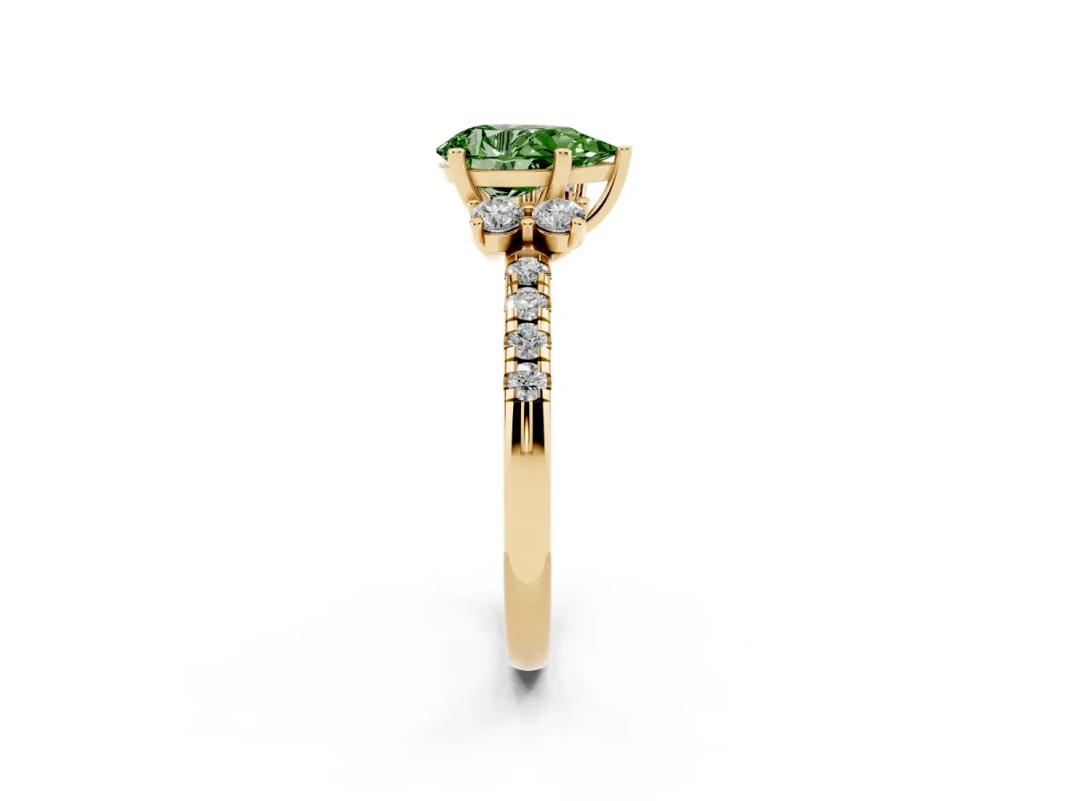 Fancy Green Pear Cut Diamond Three-Stone Pave Band with Four-Prong Setting Yellow gold
