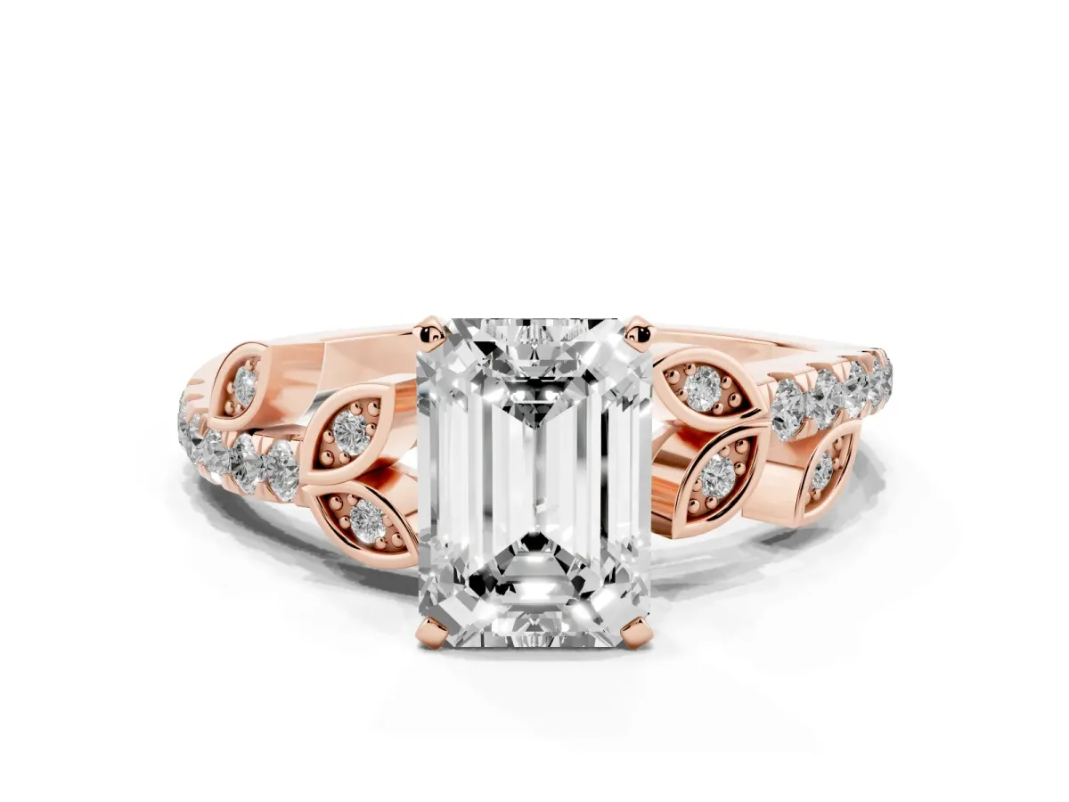 Emerald Cut Solitaire Leaf-Inspired Diamond Ring with Pavé Band and Four-Prong Setting Rose gold