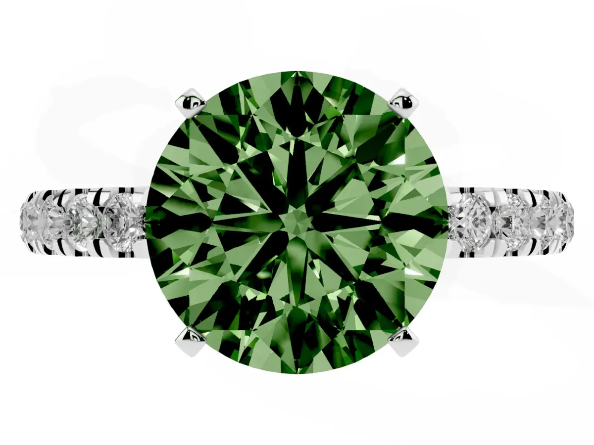 Fancy Green Round Cut Diamond Solitaire Ring with Pavé Accents and Four-Prong Setting White gold