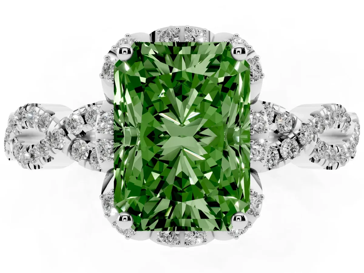 Fancy Green Radiant Cut Halo Twist Band Solitaire Ring with Six-Prong Setting Silver