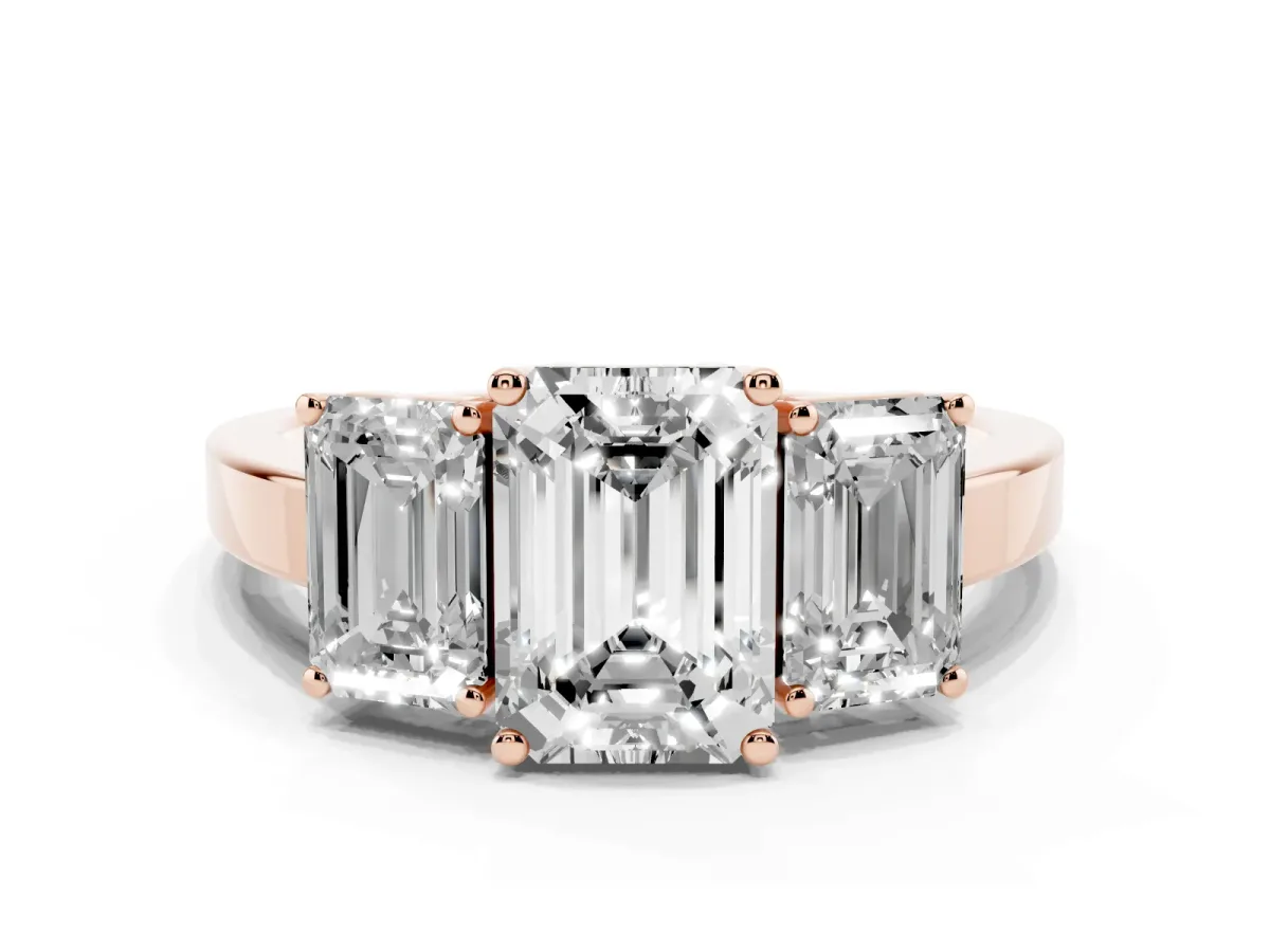 Three-Stone Emerald Cut Cut Diamond Engagement Ring with Flat Band and Four-Prong Setting Rose gold