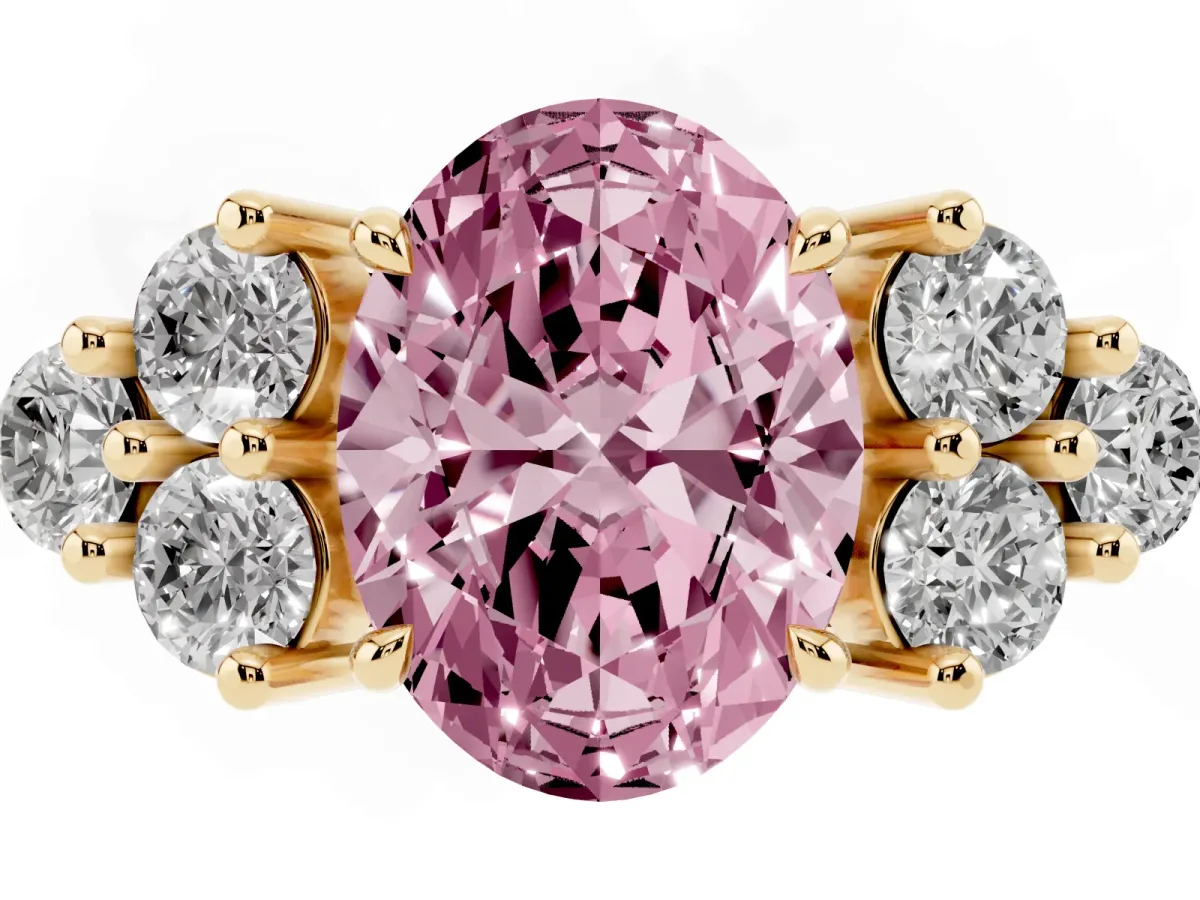 Fancy Pink Oval Cut Brilliant Diamond Cluster Accent Solitaire Ring with Prong Setting Yellow gold