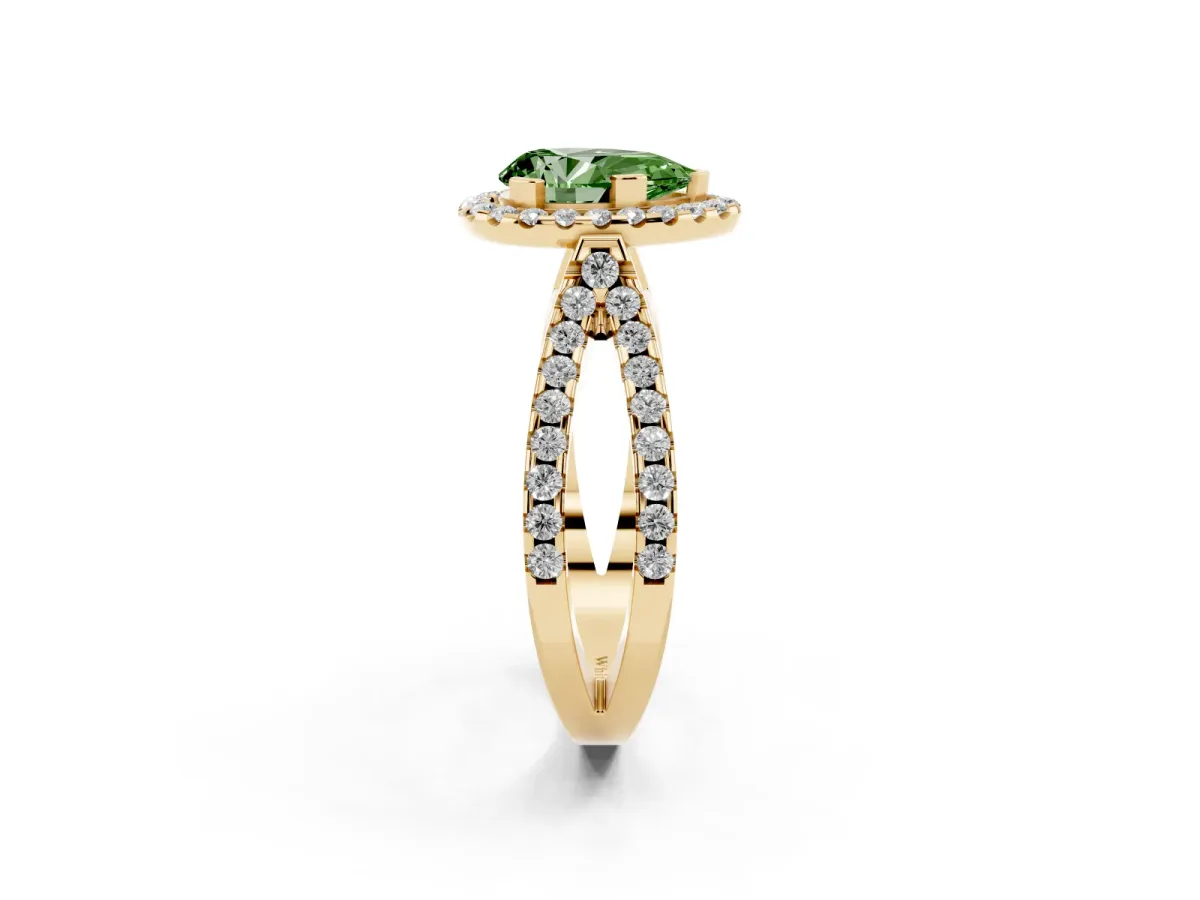 Fancy Green Pear Cut Diamond Halo Ring with Split Shank Pavé Band and Prong Setting Yellow gold