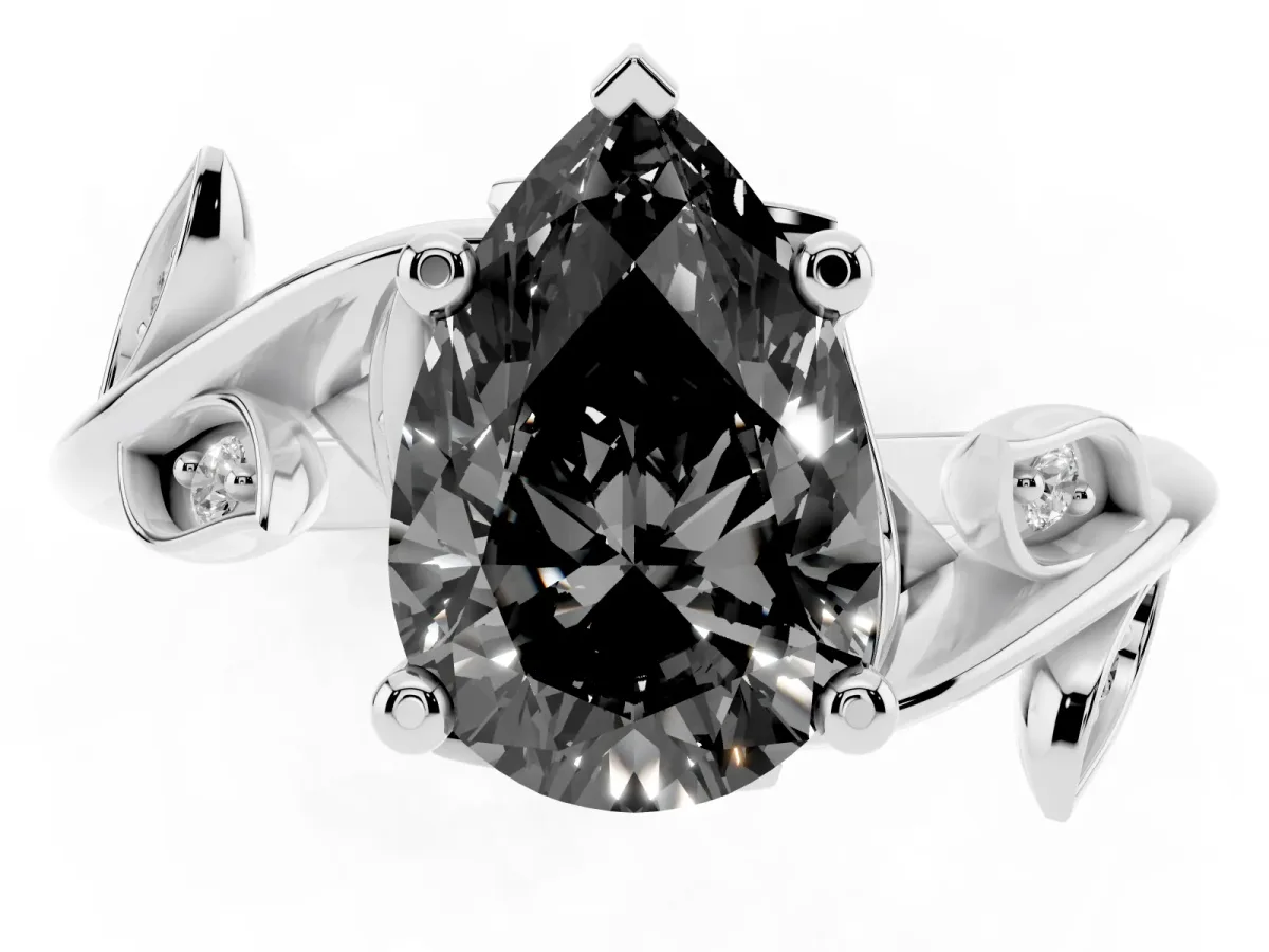 Fancy Black Pear Cut Solitaire Twist Engagement Ring with Leaf Accents and Prong Setting Silver