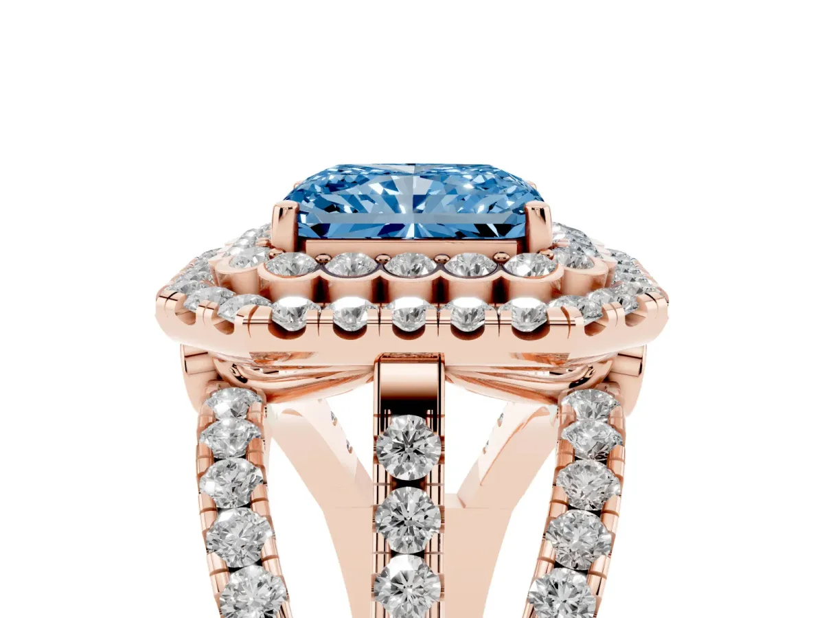 Fancy Blue Radiant Cut Diamond Double Halo Ring with Round Pavé Split Shank and Prong Setting Rose gold