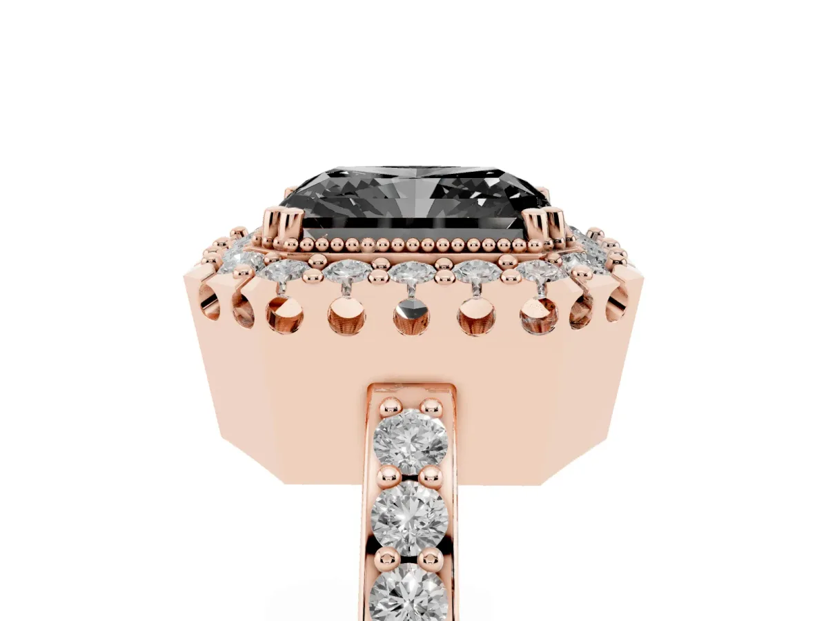 Fancy Black Radiant Cut Diamond Halo Ring with Pavé Band and Prong Setting Rose gold