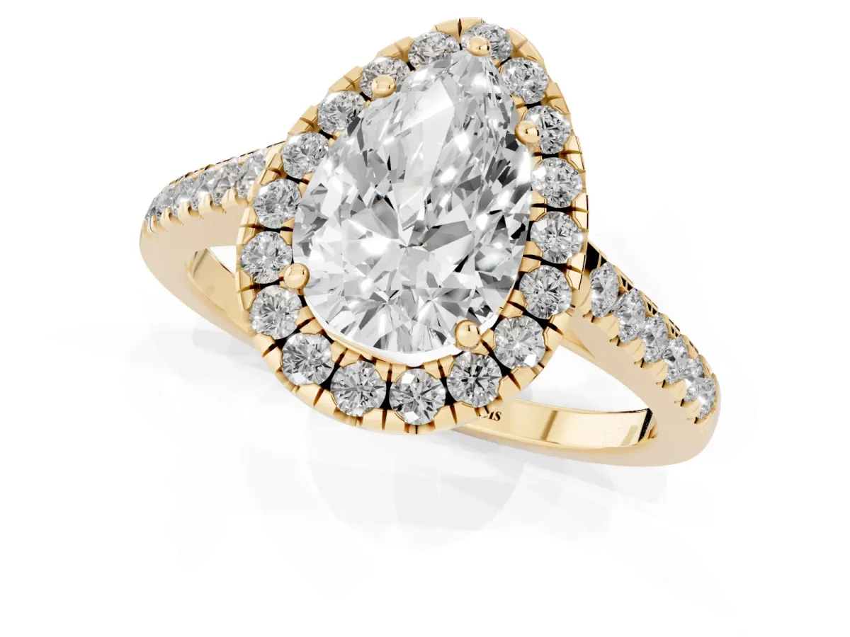 Pear Cut Halo Pave Diamond Engagement Ring with Four-Prong Setting Yellow gold