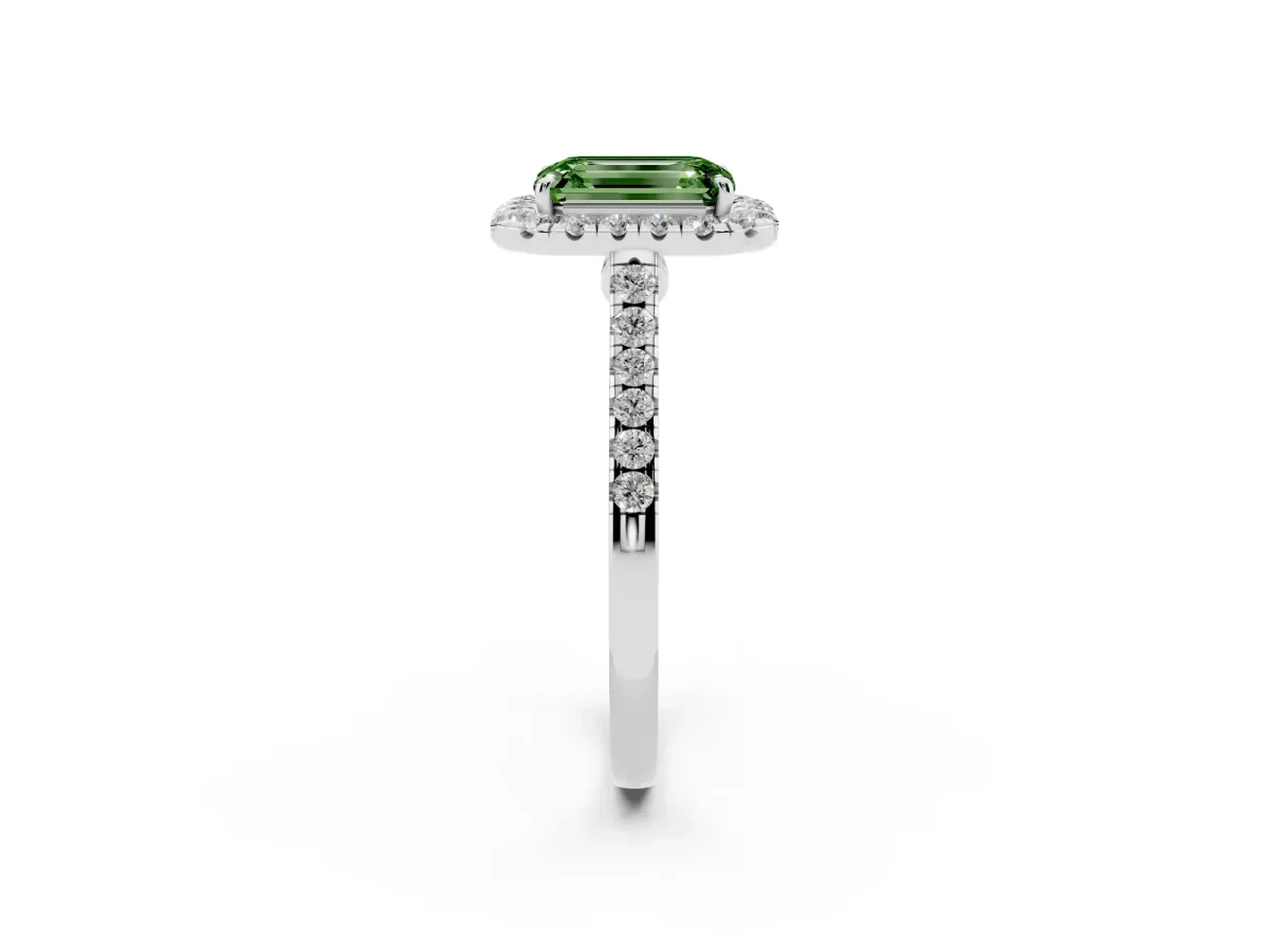 Fancy Green Emerald Cut Halo Pave Diamond Engagement Ring with Four-Prong Setting Silver