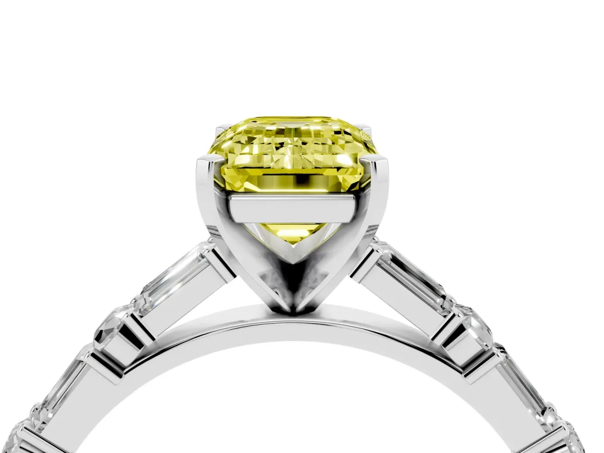 Fancy Yellow Emerald Cut Diamond Solitaire with Side Baguettes and Channel Set Band Silver
