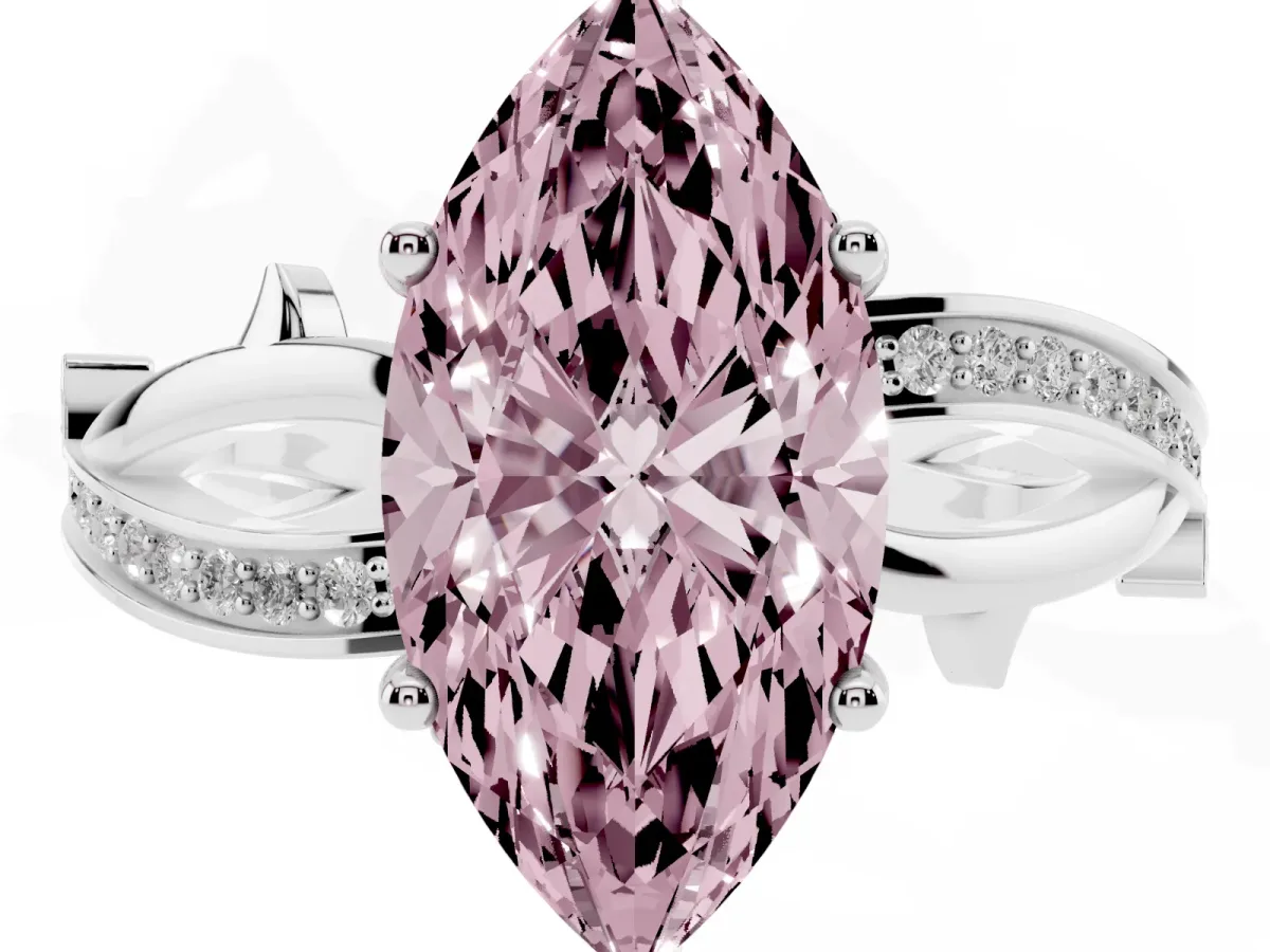 Fancy Pink Marquise Cut Solitaire Twist Band with Pavé Accents and Four-Prong Setting White gold