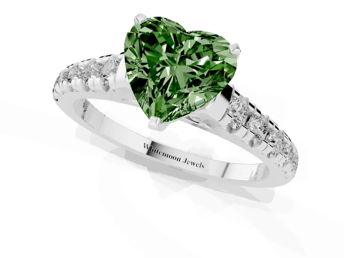 Fancy Green Heart Cut Diamond Cathedral Solitaire Ring with Round Pavé Band Silver