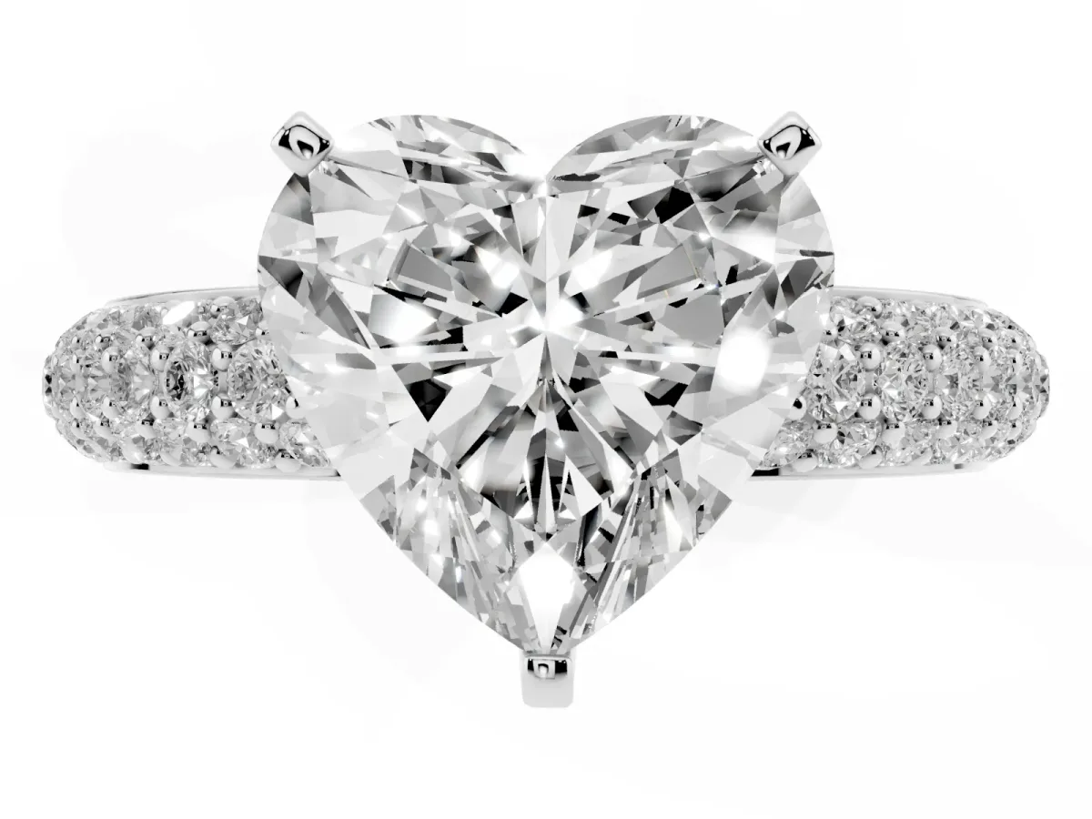 Heart Cut Diamond Solitaire Ring with Prong Setting and Pavé Band Silver