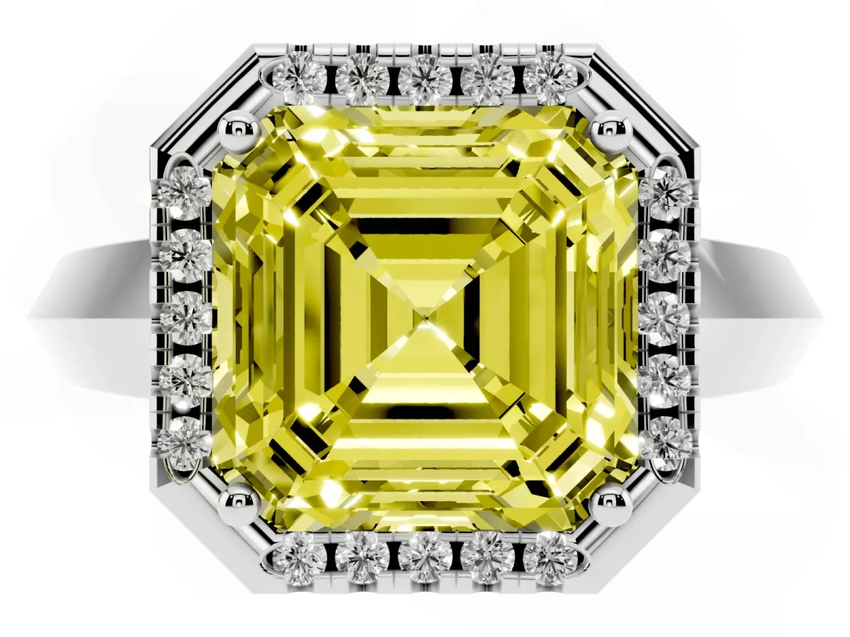 Fancy Yellow Asscher Cut Halo Diamond Ring with Cathedral Band and Four-Prong Setting Silver