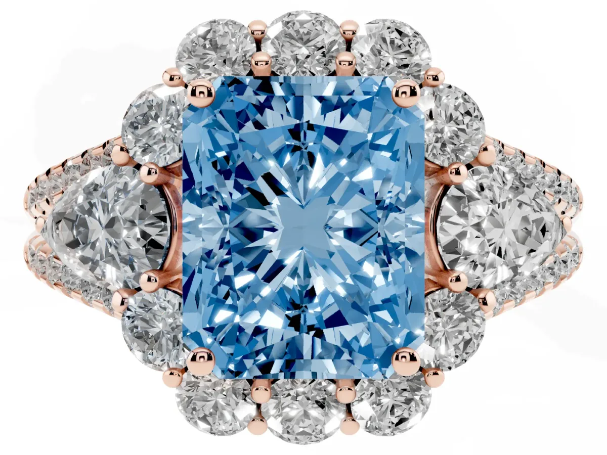 Fancy Blue Radiant Cut Halo Split Shank Diamond Engagement Ring with Prong Setting Rose gold