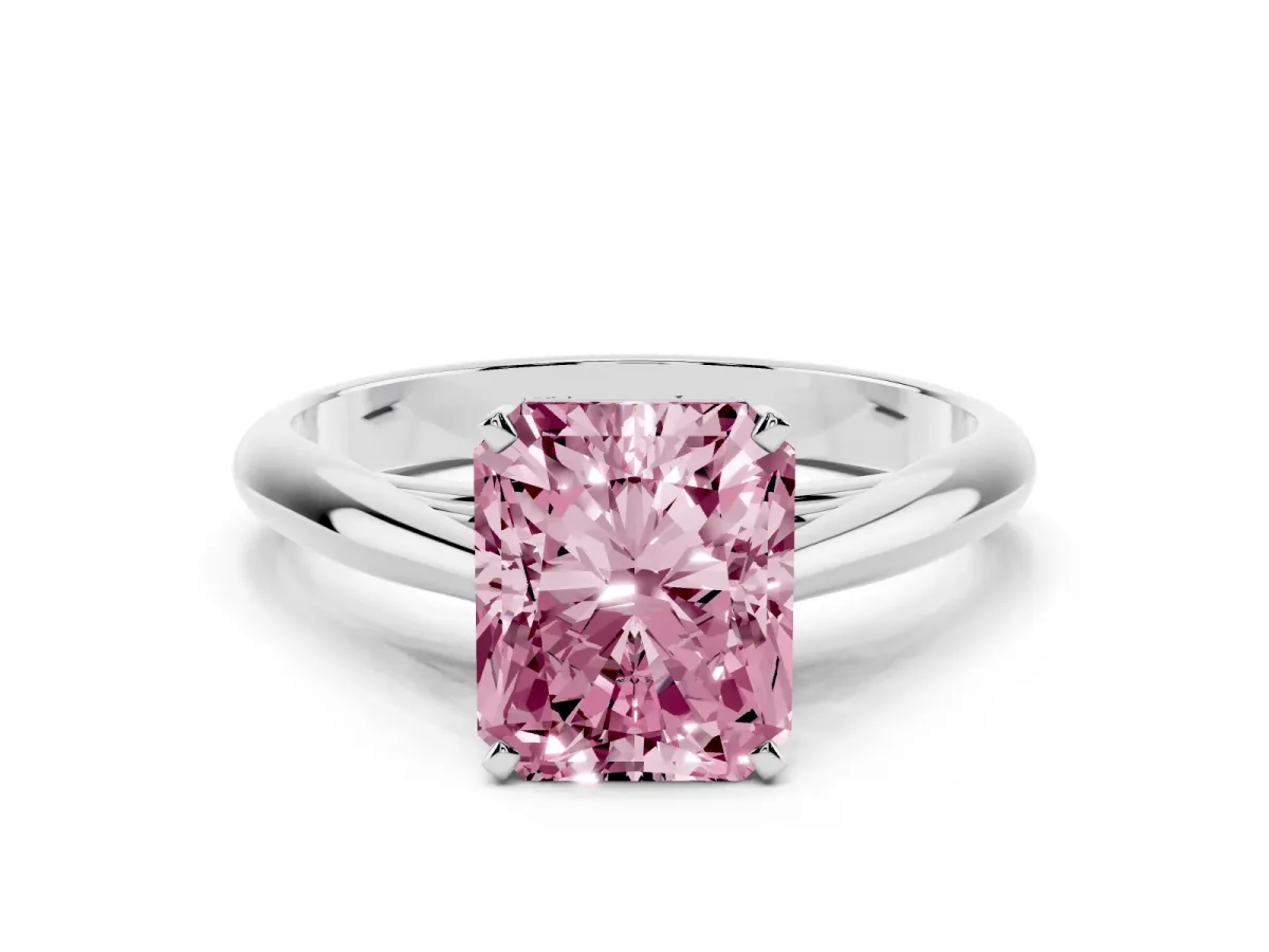 Fancy Pink Radiant Cut Diamond Solitaire Engagement Ring with Cathedral Setting and Four-Prong Mount Silver