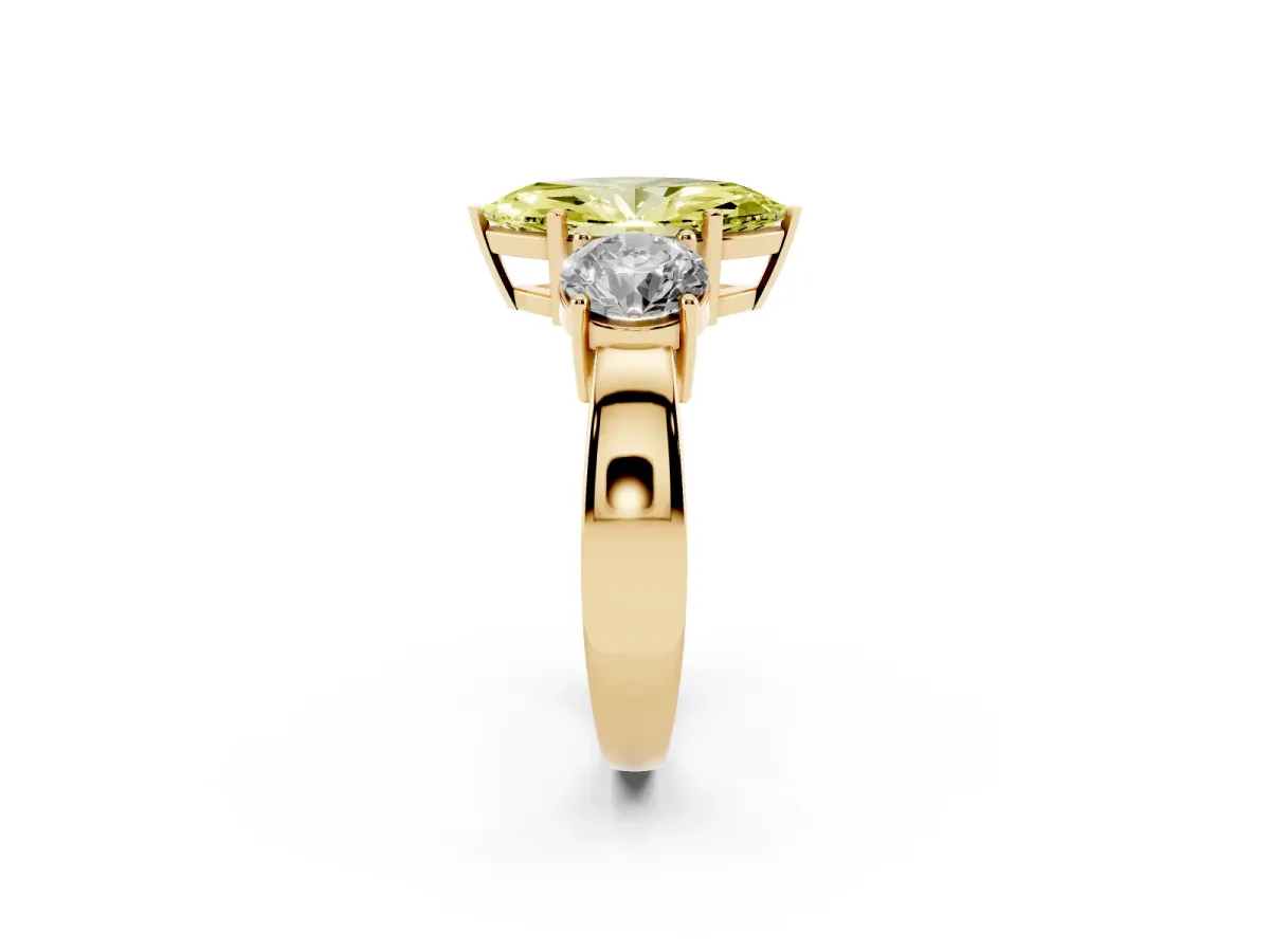Fancy Yellow Three-Stone Marquise Cut Diamond Ring with Round Side Stones, Classic Band, and Four-Prong Setting Yellow gold