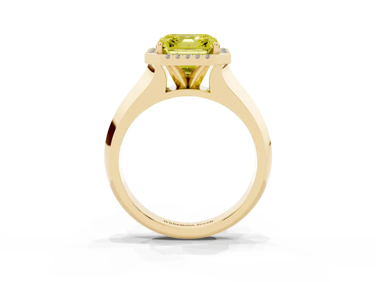 Fancy Yellow Asscher Cut Halo Diamond Ring with Cathedral Band and Four-Prong Setting Yellow gold