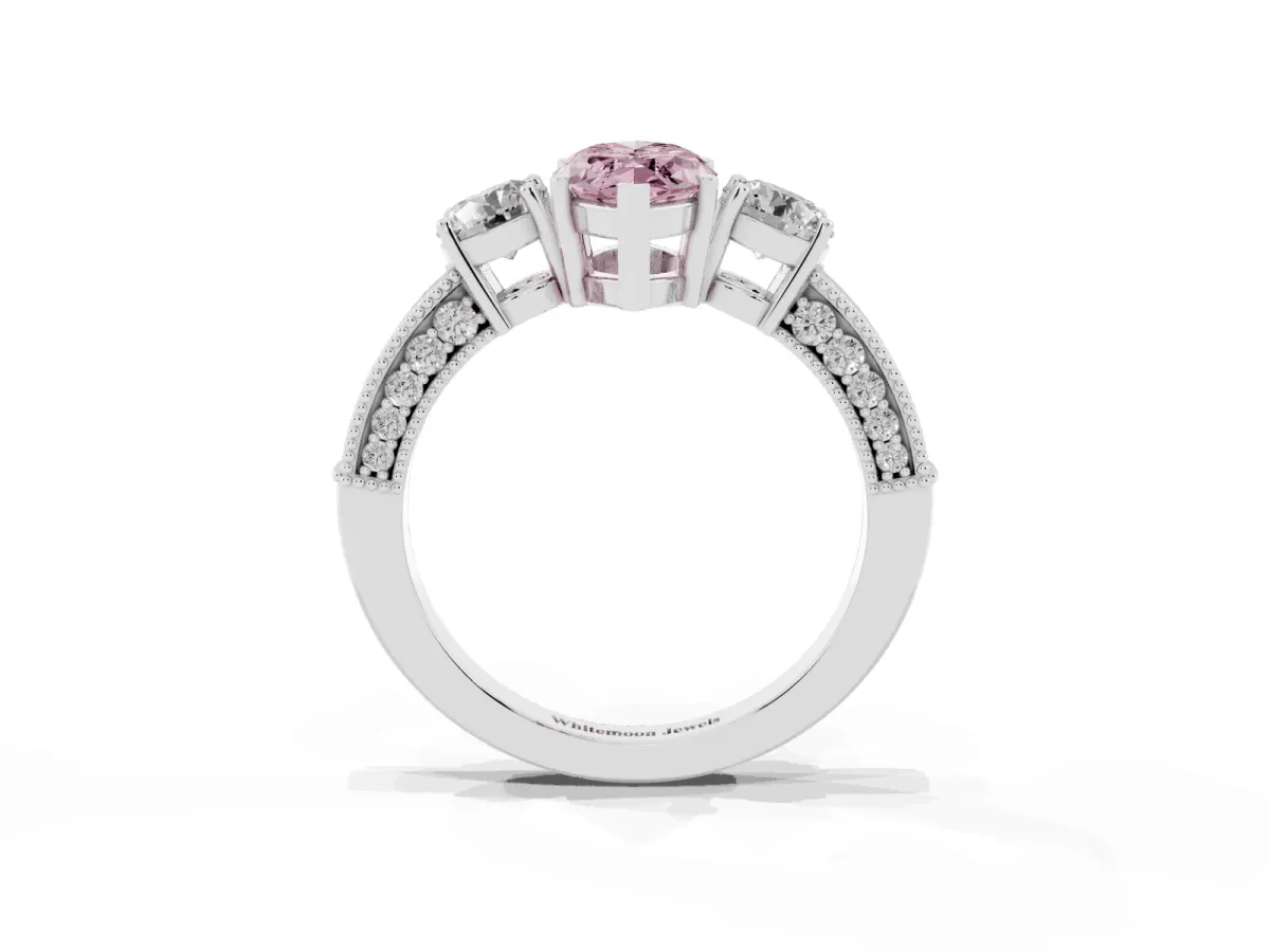 Fancy Pink Marquise Cut Three-Stone Diamond Ring with Pavé Band and Four-Prong Setting Silver