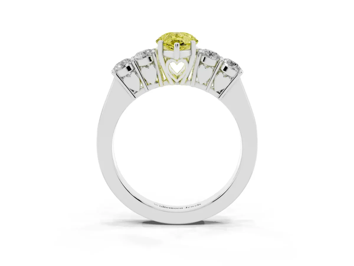 Fancy Yellow Pear Cut Cut Diamond Five-Stone Prong Set White Gold Ring Silver