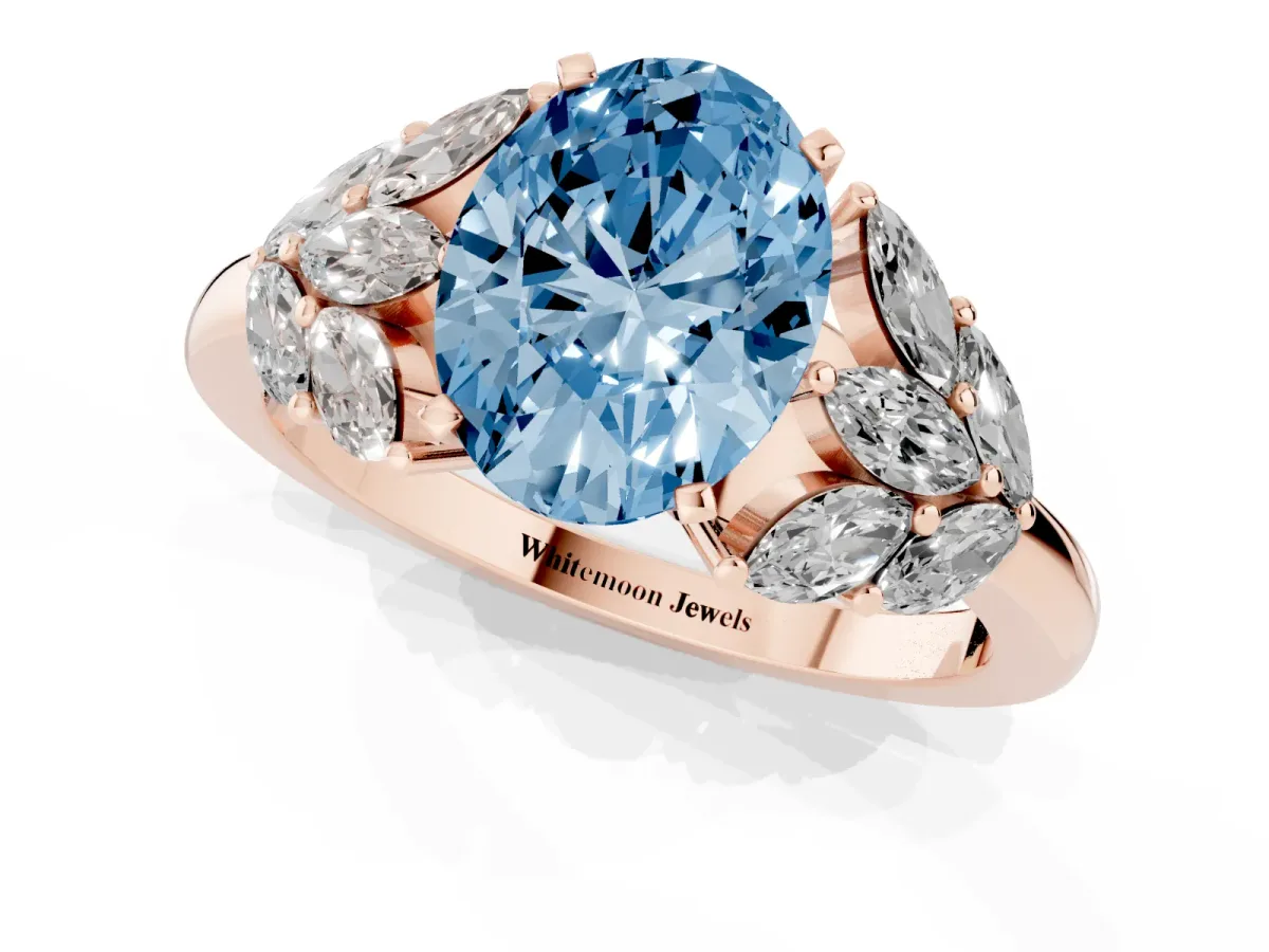 Fancy Blue Oval Cut Diamond Cluster Leaf Design Ring with Prong Setting Rose gold