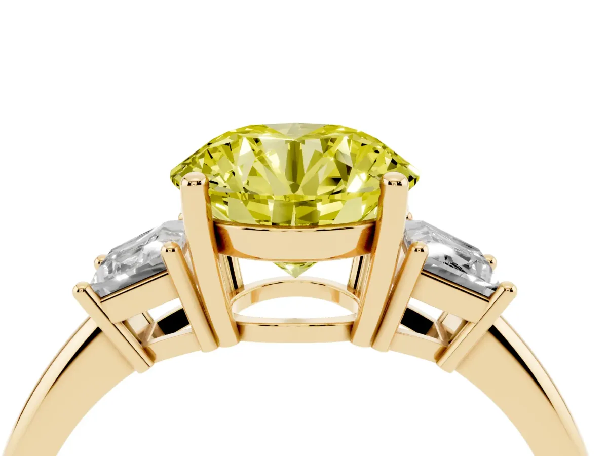 Fancy Yellow Round Cut Diamond Three-Stone Ring with Trapezoid Side Stones and Prong Setting Yellow gold