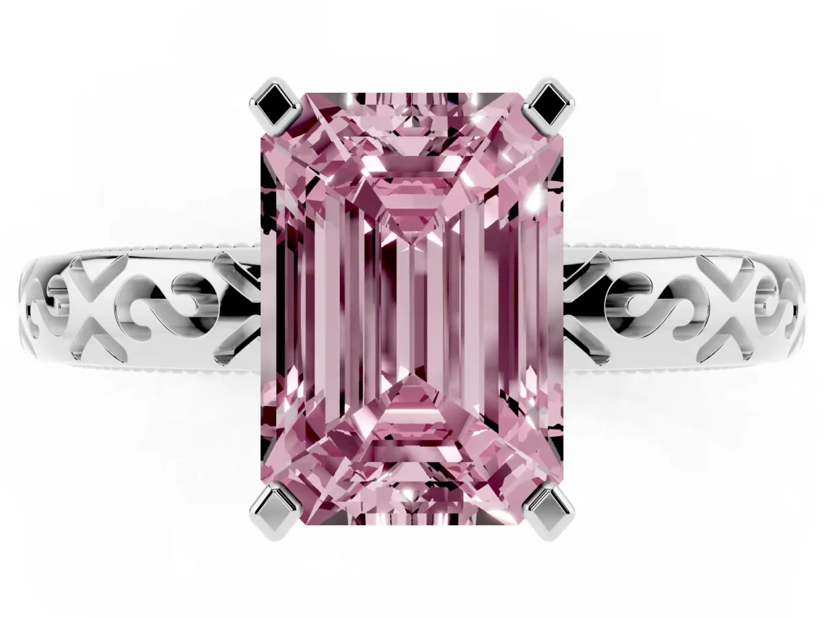 Fancy Pink Emerald Cut Solitaire Engagement Ring with Scrollwork Band and Four-Prong Setting White gold