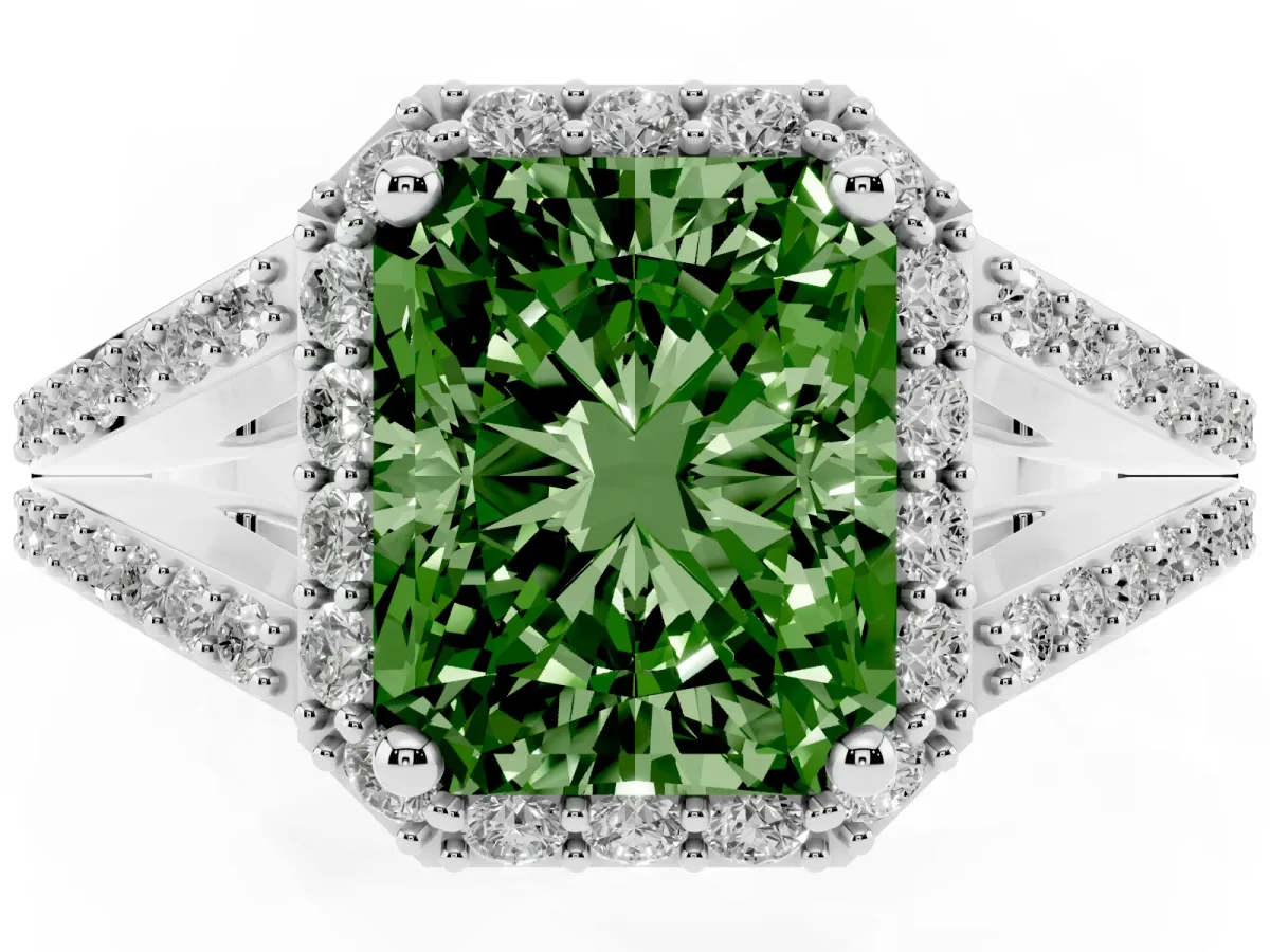 Fancy Green Radiant Cut Halo Split Shank Diamond Ring with Prong Setting Silver