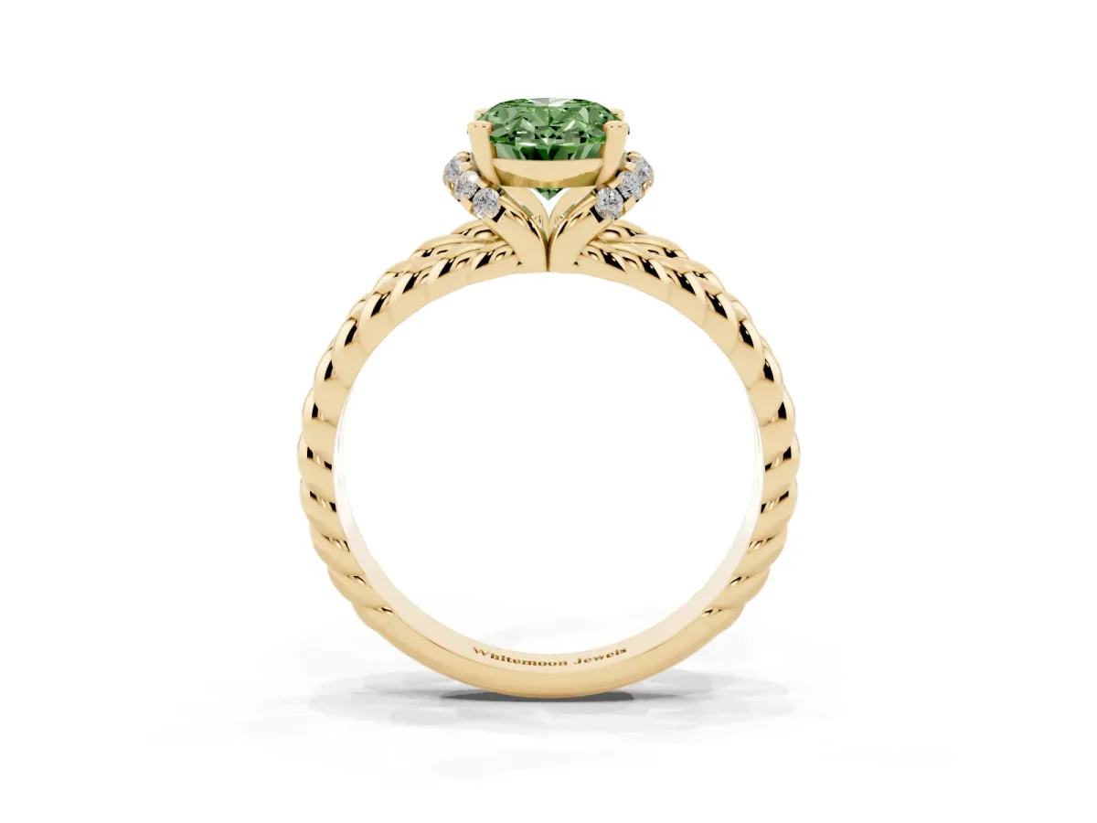 Fancy Green Oval Cut Halo Twisted Band Four-Prong Ring Yellow gold