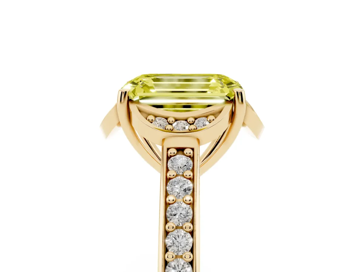 Fancy Yellow Emerald Cut Cut Halo Diamond Ring with Channel Set Band and Four-Prong Setting Yellow gold
