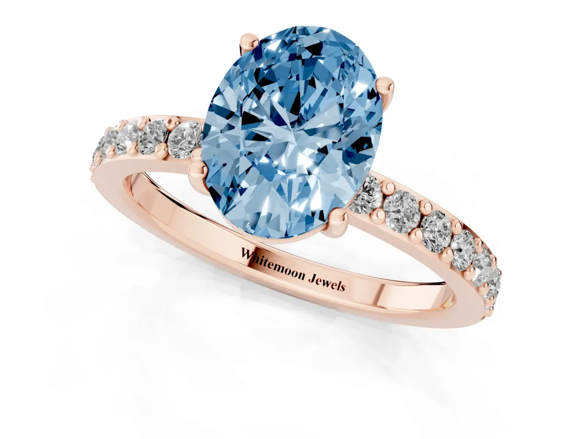 Fancy Blue Oval Cut Cut Diamond Solitaire with Pave Band and Four-Prong Setting Rose gold