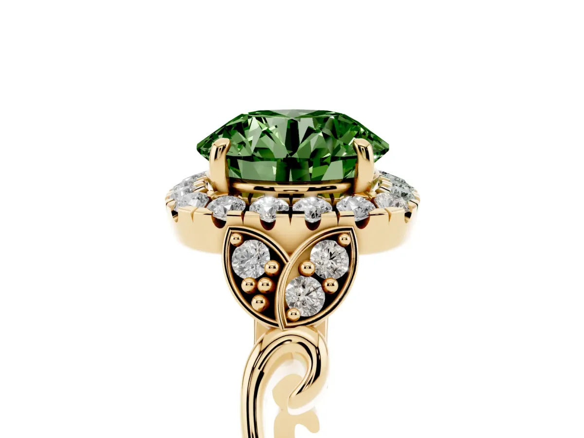 Fancy Green Round Cut Halo Diamond Engagement Ring with Vintage-Inspired Band and Four-Prong Setting Yellow gold