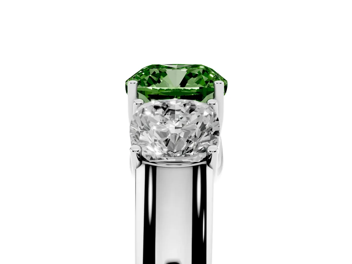 Fancy Green Three-Stone Cushion Cut Cut Diamond Ring with Prong Setting and Classic Band Silver