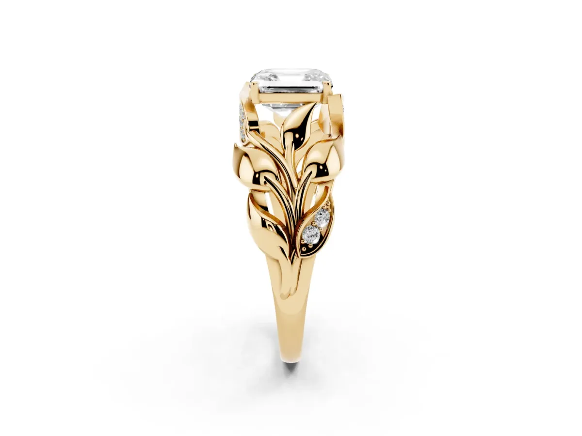 Asscher Cut Diamond Leaf-Inspired Engagement Ring with Round Accents and Prong Setting Yellow gold