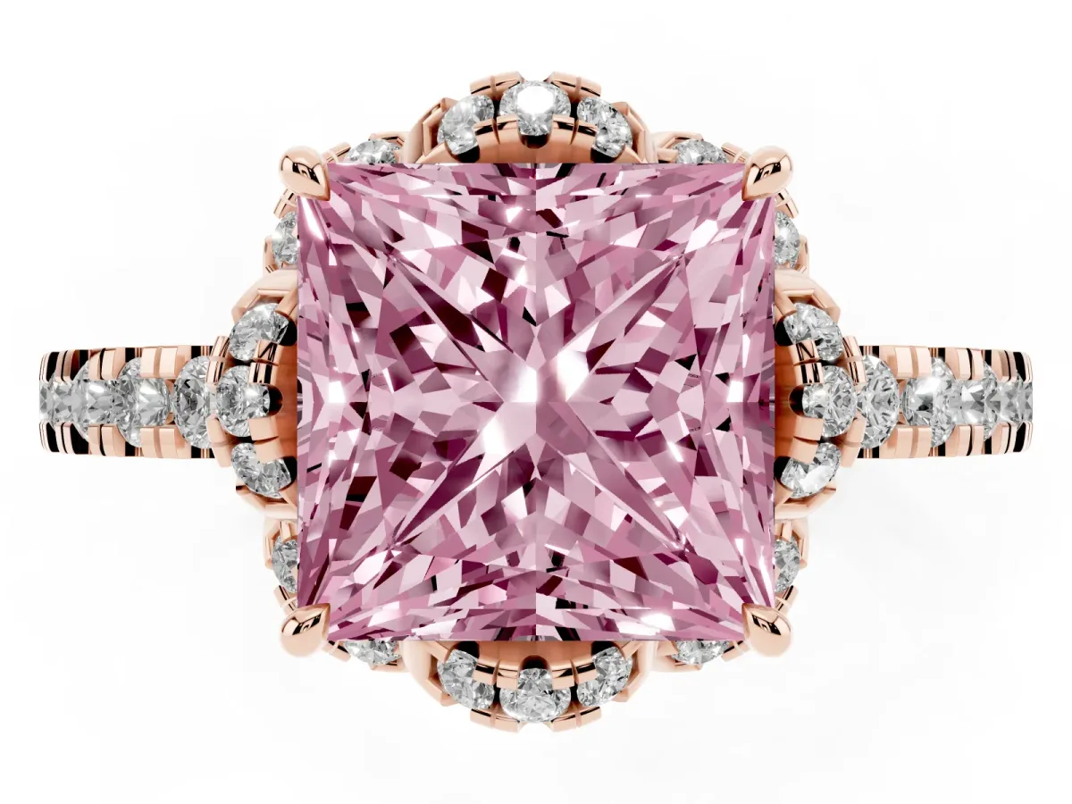 Fancy Pink Princess Cut Halo Diamond Pave Band Ring with Four-Prong Setting Rose gold