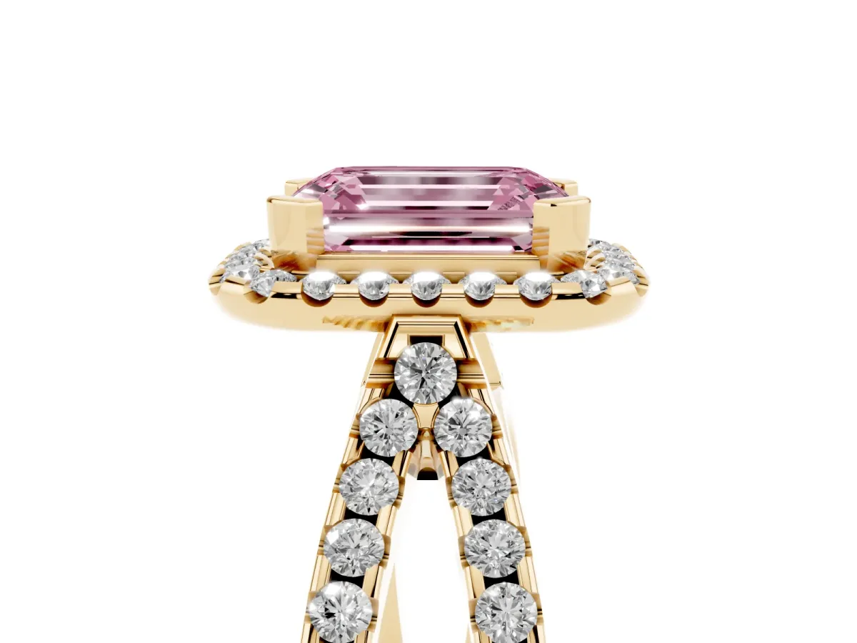 Fancy Pink Emerald Cut Diamond Halo Ring with Split Shank Pavé Band and Prong Setting Yellow gold