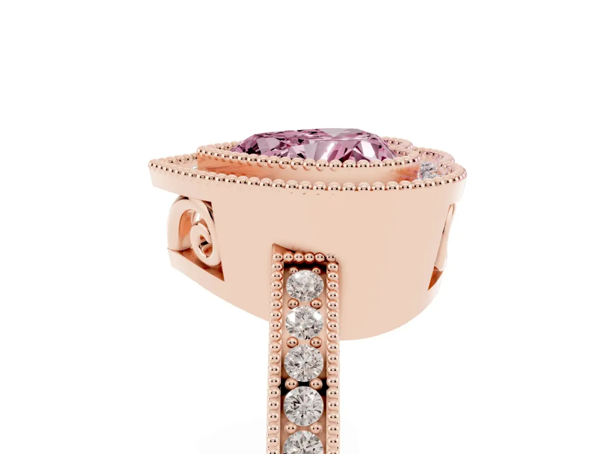 Fancy Pink Heart Cut Cut Halo Diamond Ring with Pavé Band and Milgrain Prong Setting Rose gold