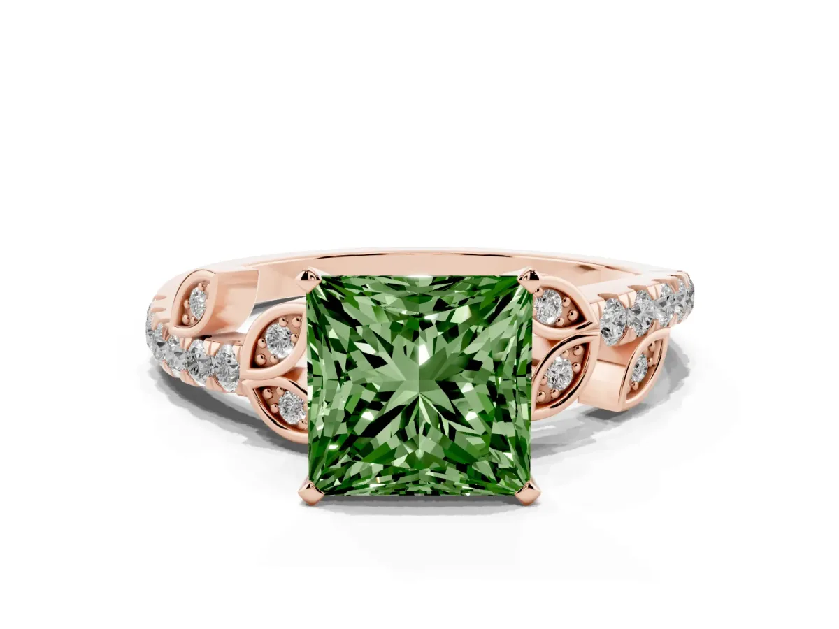 Fancy Green Princess Cut Solitaire Leaf-Inspired Diamond Ring with Pavé Band and Four-Prong Setting Rose gold