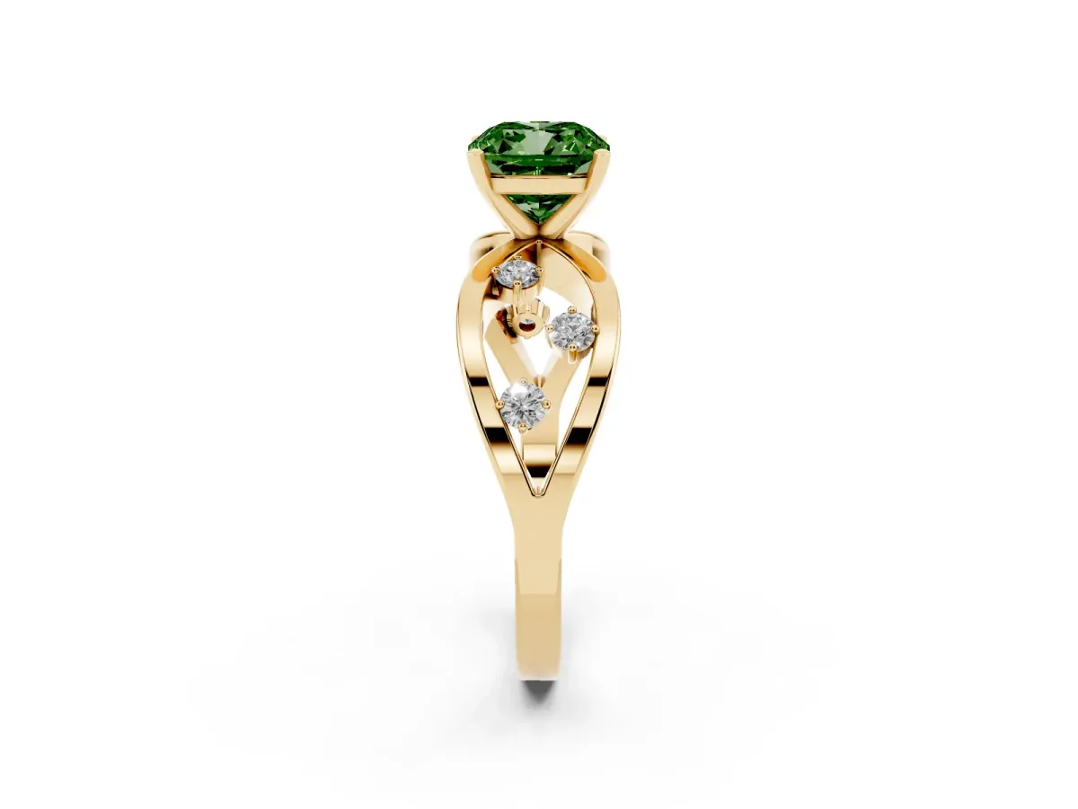 Fancy Green Cushion Cut Cut Solitaire Diamond with Side Stones on Criss-Cross Band and Four-Prong Setting Yellow gold