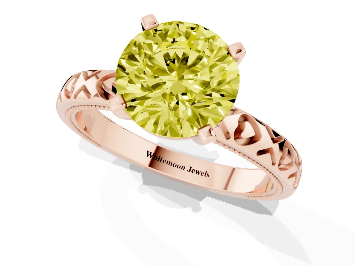 Fancy Yellow Round Cut Solitaire Diamond Engagement Ring with XO Engraved Band and Four-Prong Setting Rose gold
